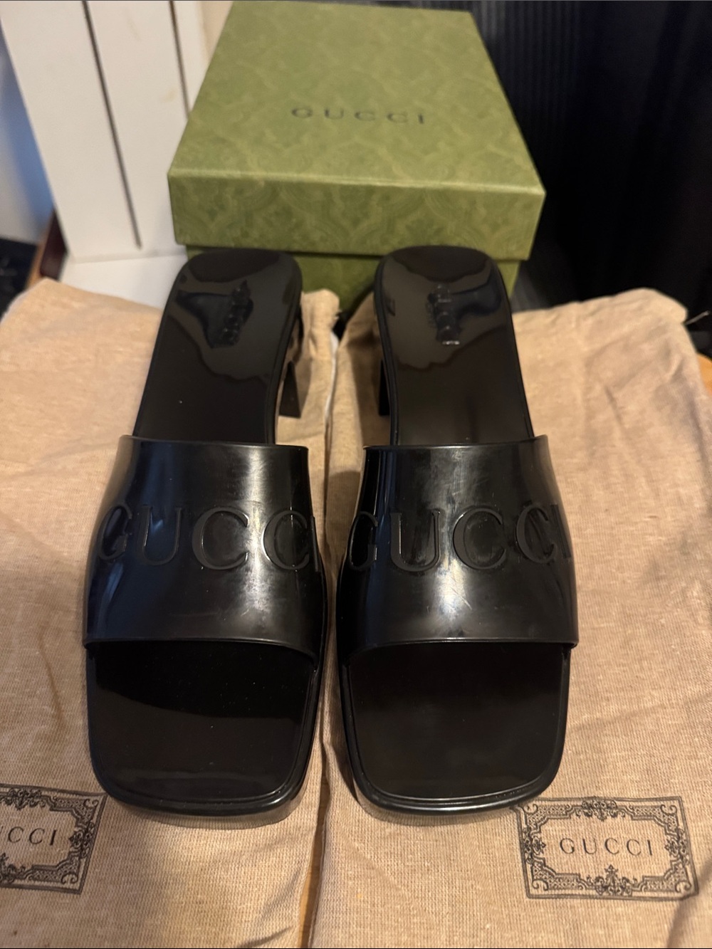Gucci Rubber Black Patent Logo Slide sandal/Dust bags&Box